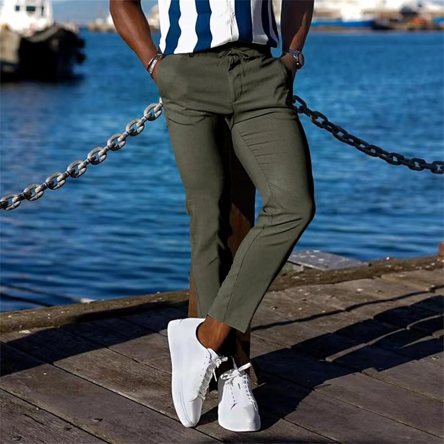 Mens Slim Fit Stretchy Casual Pants with Drawstrings Breathable Tapered Chino Pants for Work Flat Front Casual Golf Pant