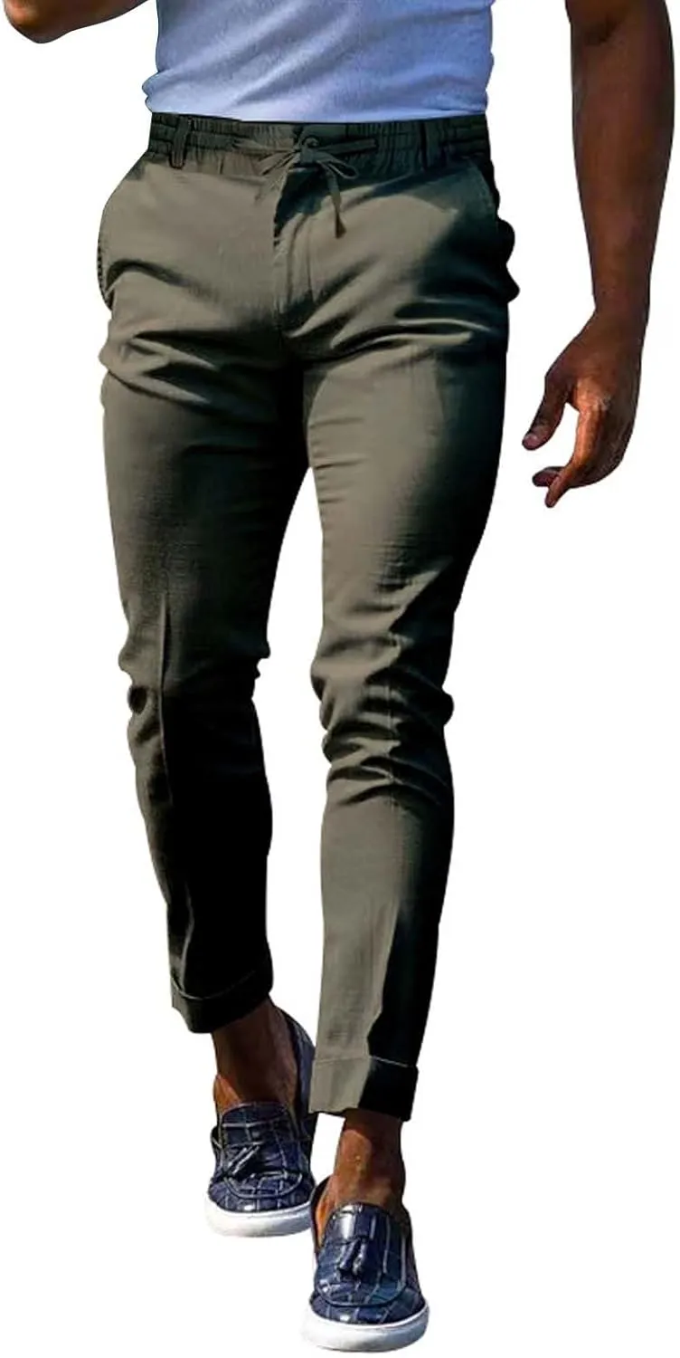 Mens Slim Fit Stretchy Casual Pants with Drawstrings Breathable Tapered Chino Pants for Work Flat Front Casual Golf Pant