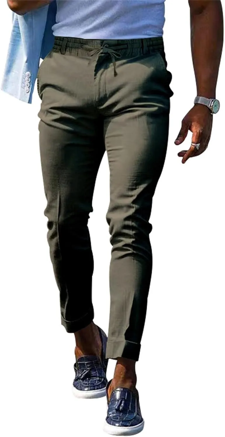 Mens Slim Fit Stretchy Casual Pants with Drawstrings Breathable Tapered Chino Pants for Work Flat Front Casual Golf Pant