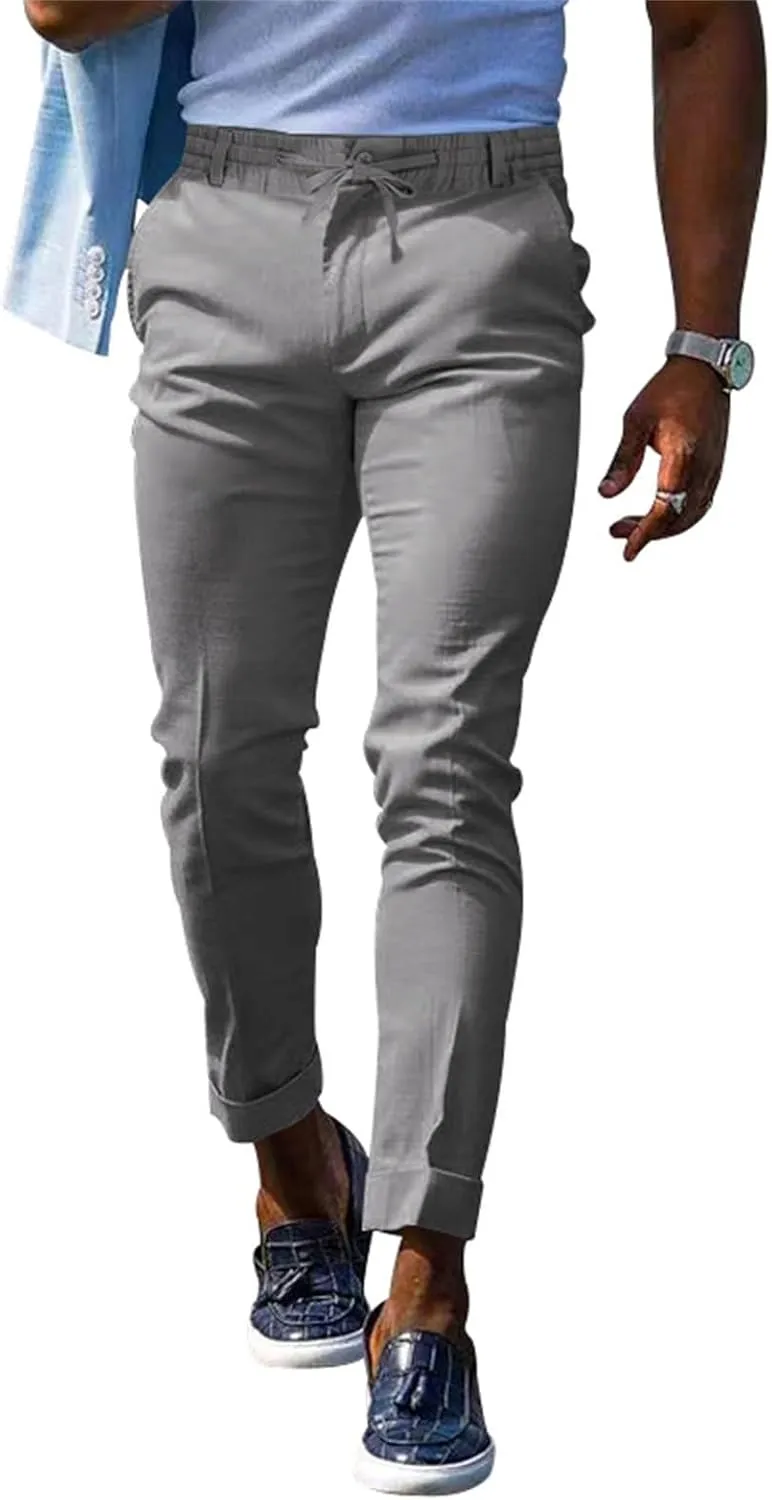 Mens Slim Fit Stretchy Casual Pants with Drawstrings Breathable Tapered Chino Pants for Work Flat Front Casual Golf Pant