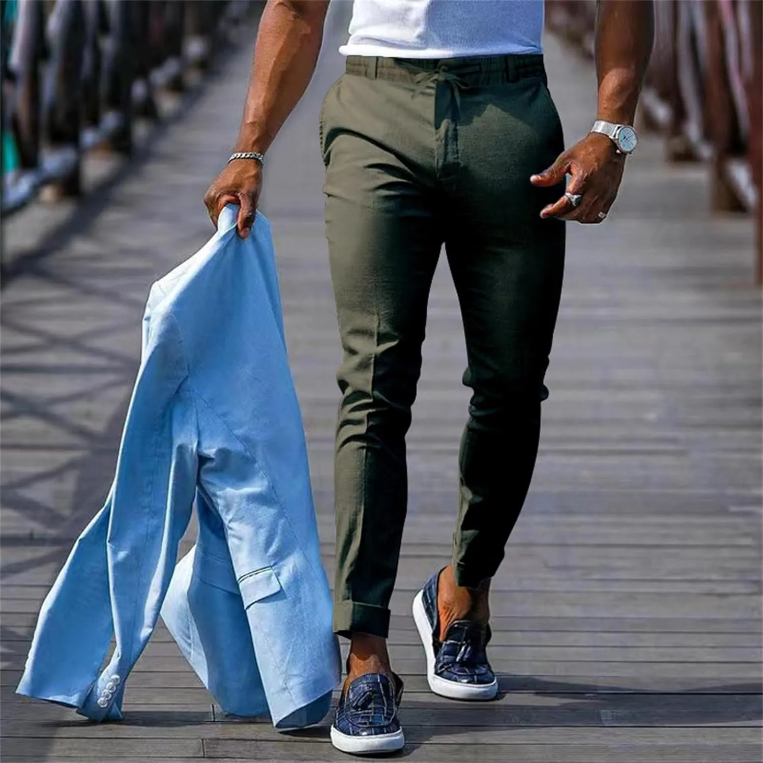 Mens Slim Fit Stretchy Casual Pants with Drawstrings Breathable Tapered Chino Pants for Work Flat Front Casual Golf Pant