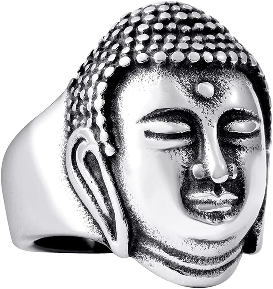 Men's Stainless Steel Chinese Religious Shakyamuni Statue Buddha Face Head Ring Silver Gold