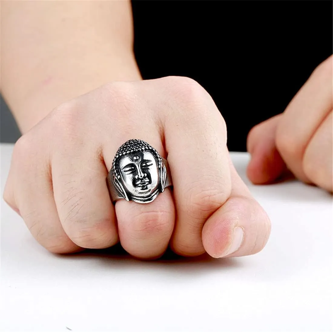 Men's Stainless Steel Chinese Religious Shakyamuni Statue Buddha Face Head Ring Silver Gold