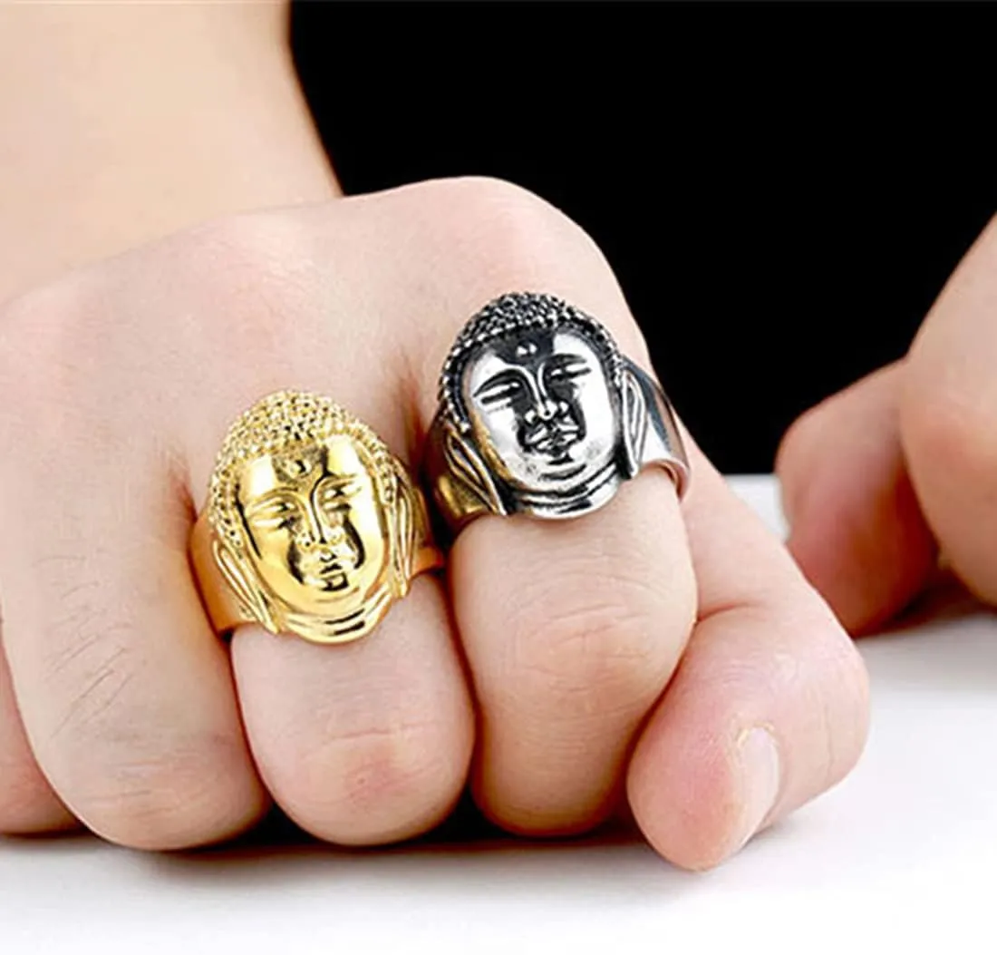 Men's Stainless Steel Chinese Religious Shakyamuni Statue Buddha Face Head Ring Silver Gold