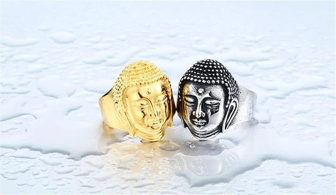 Men's Stainless Steel Chinese Religious Shakyamuni Statue Buddha Face Head Ring Silver Gold
