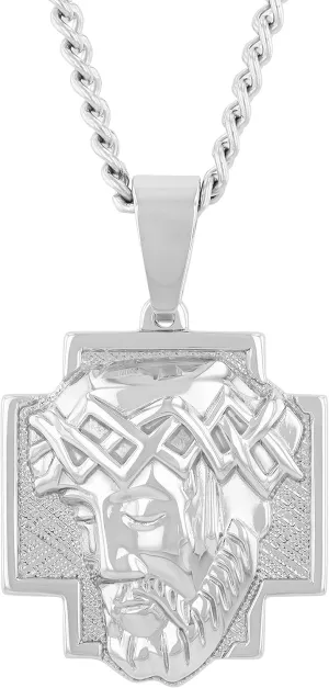 Men's Stainless Steel Jesus Head Cross Pendant - Spiritual Design with 24" Curb Chain - Lobster Claw Clasp