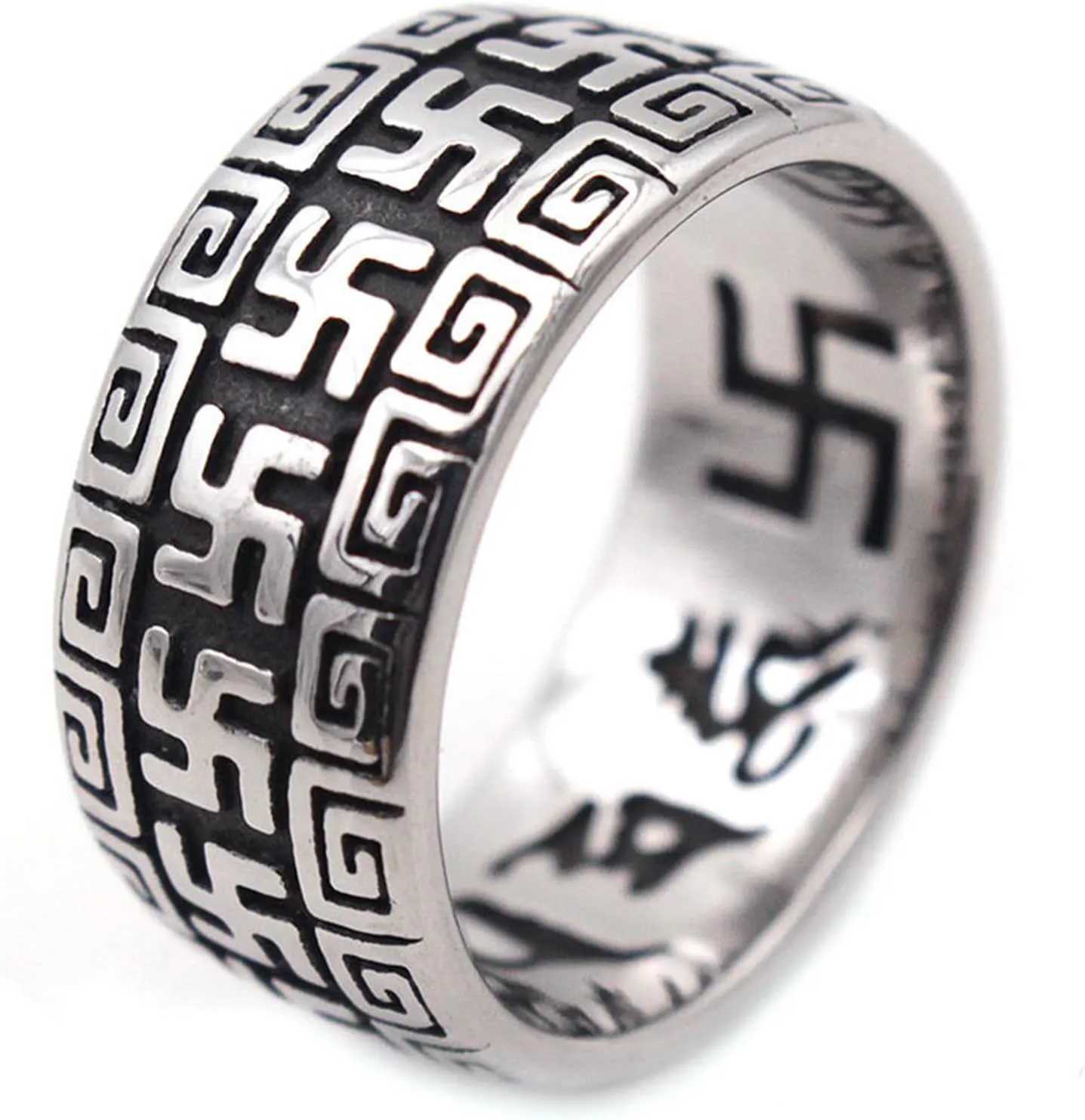 Men's Stainless Steel Ring Silver Lucky Charm Buddhist Swastika Spell Ring Religious Ring