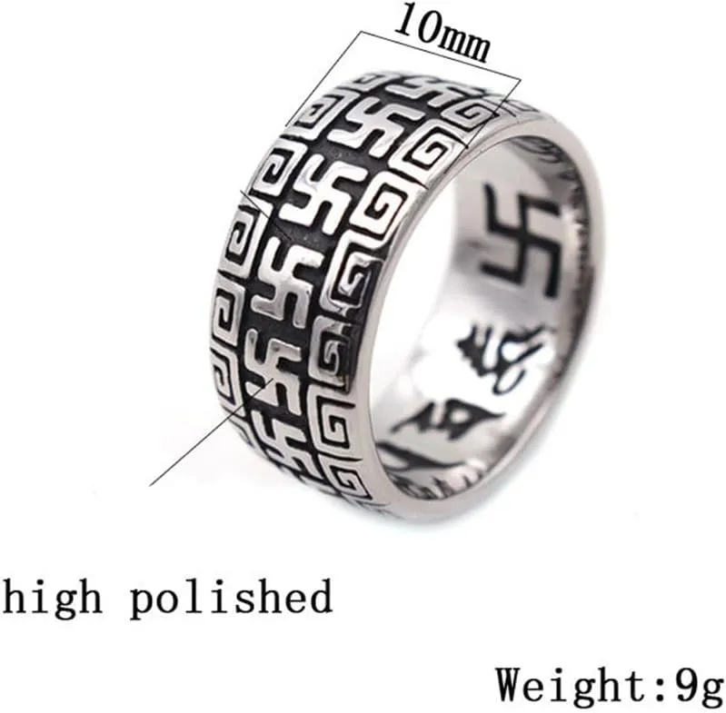 Men's Stainless Steel Ring Silver Lucky Charm Buddhist Swastika Spell Ring Religious Ring