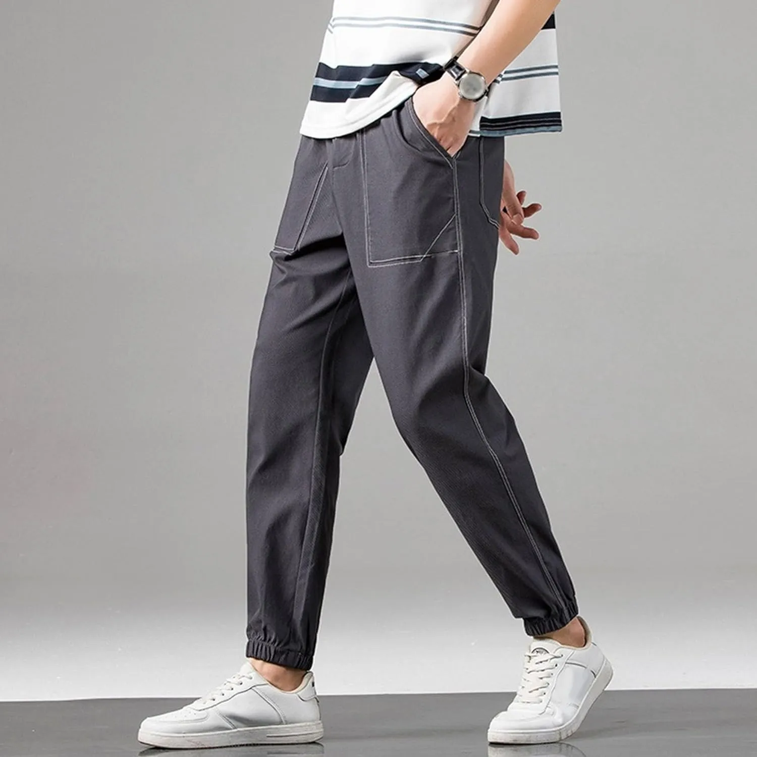 Men's Straight Leg Baggy Street Pants Elastic Waist Comfort Joggers Trousers Breathable Solid Hiking Sweatpants