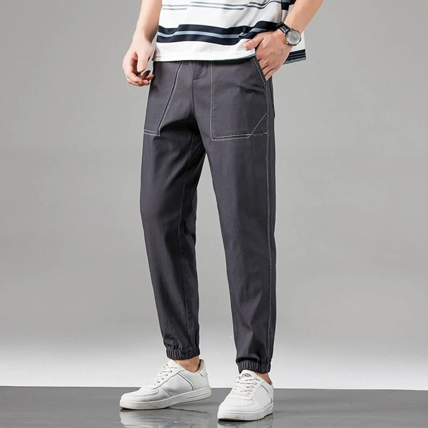 Men's Straight Leg Baggy Street Pants Elastic Waist Comfort Joggers Trousers Breathable Solid Hiking Sweatpants
