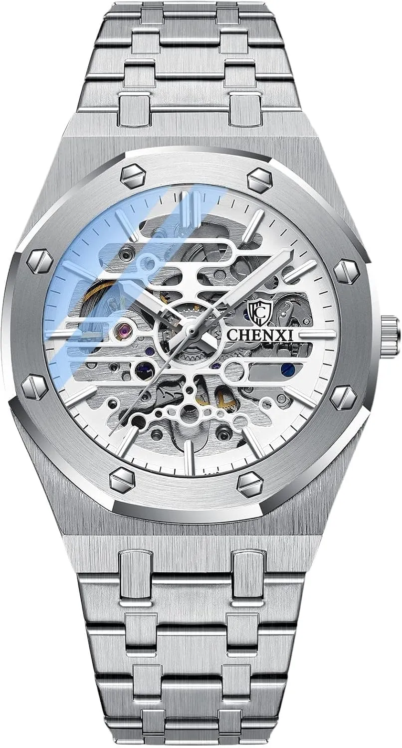 Men's Watches Automatic Mechanical Watch Luminous with Stainless Steel Strap Skeleton Military Wristwatch