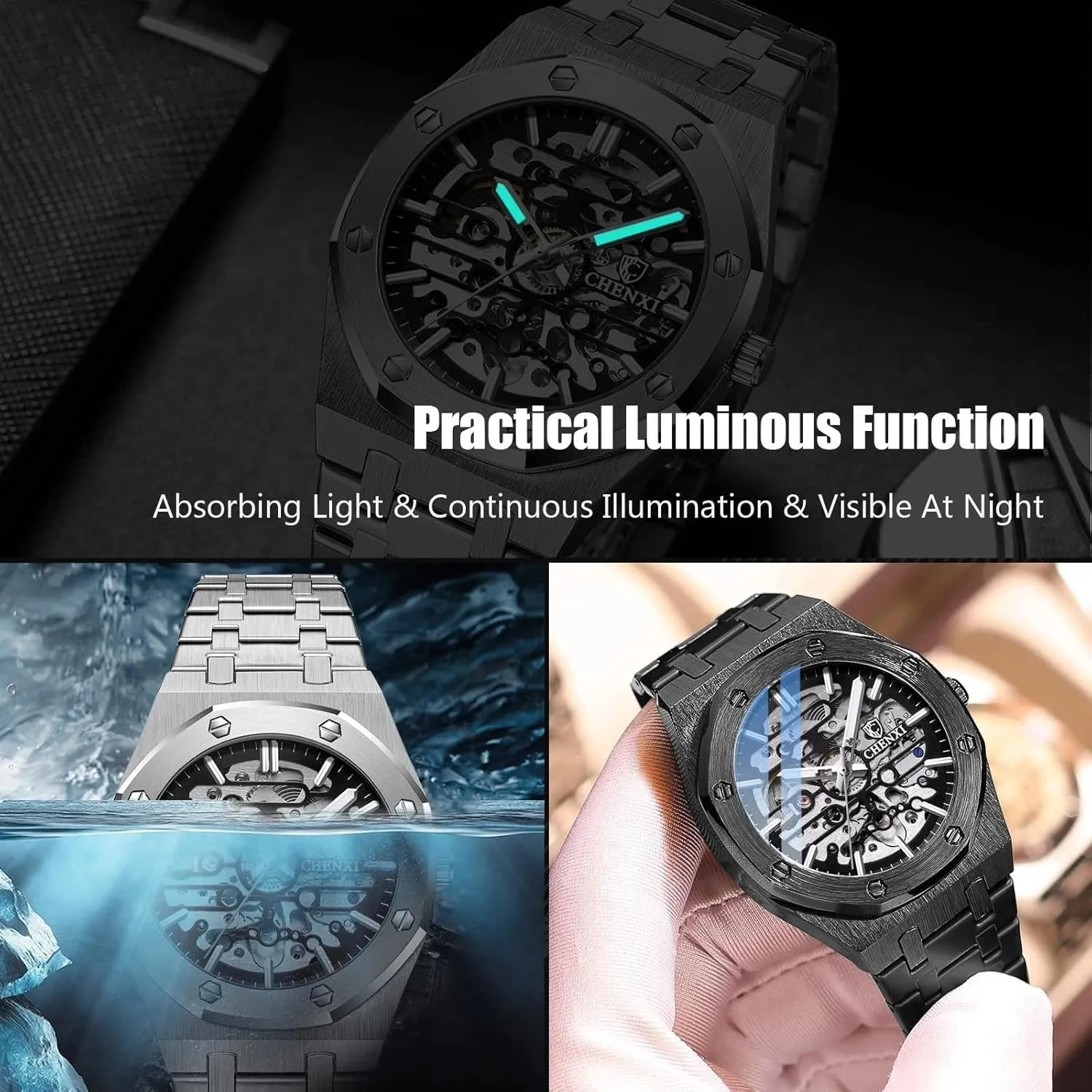 Men's Watches Automatic Mechanical Watch Luminous with Stainless Steel Strap Skeleton Military Wristwatch