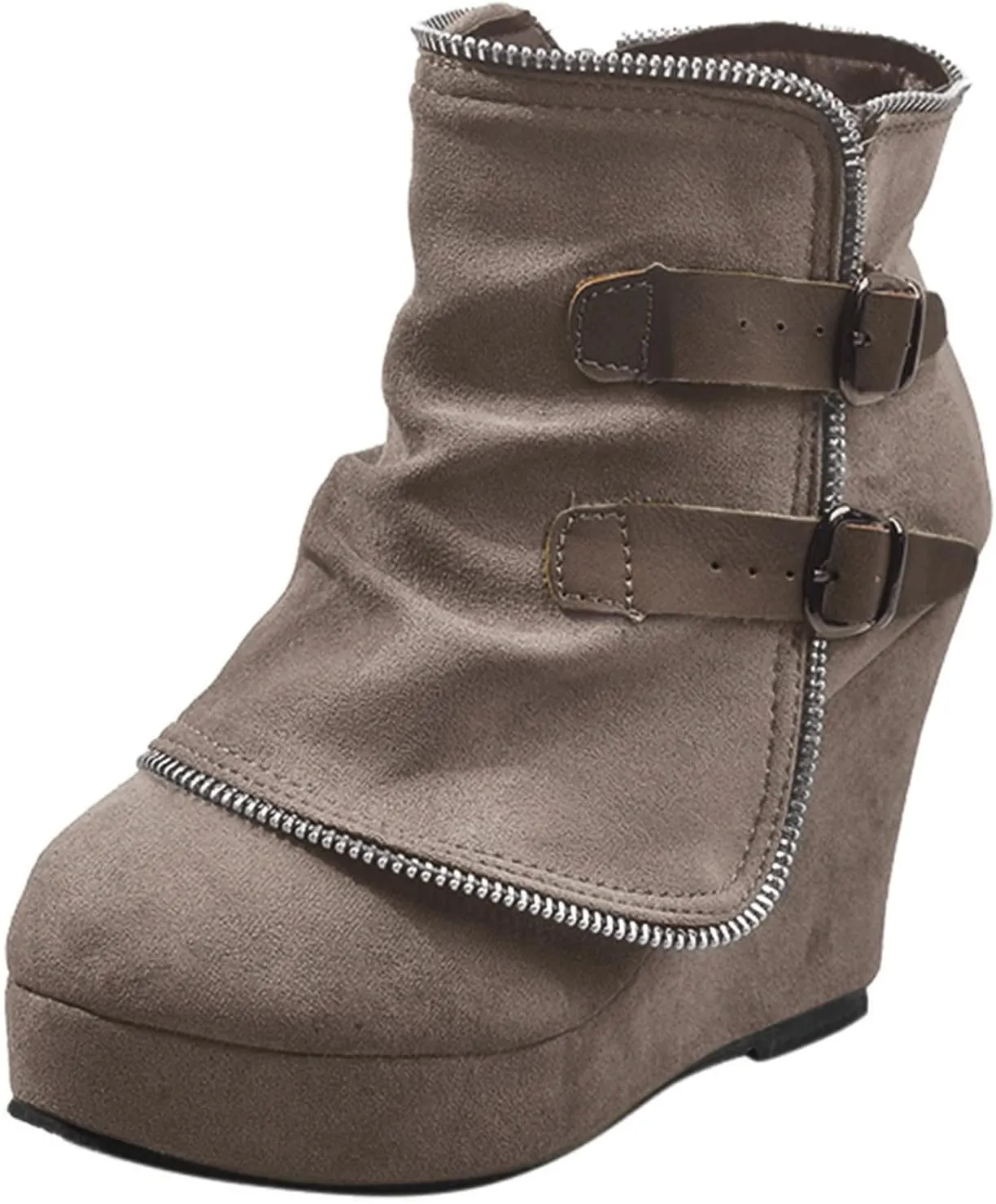 Mid Calf Boots for Women Low Hee Winter Boots Round Toe Solid Color Suede Slope Heel Retro Buckle Waterproof Boots