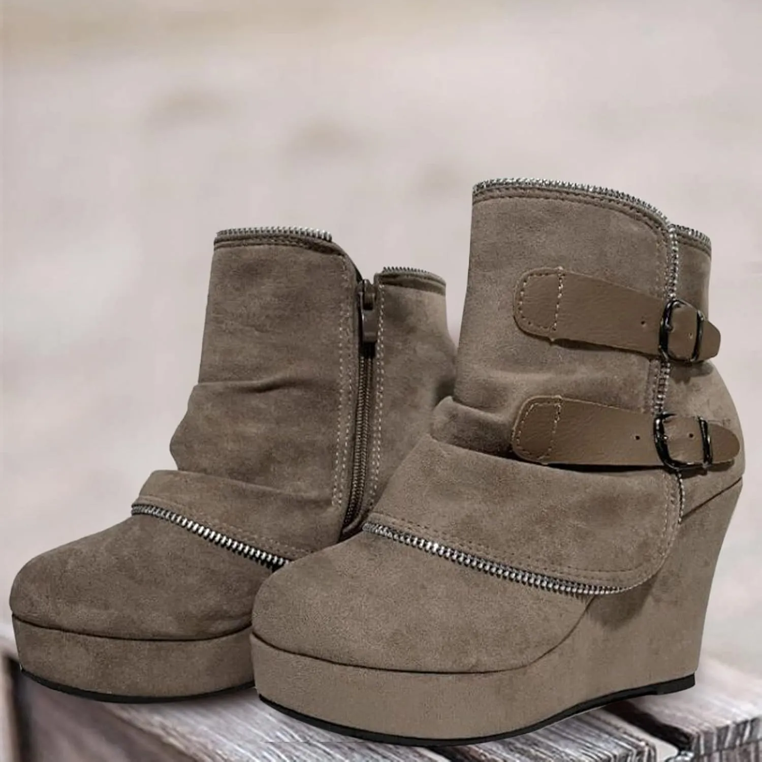 Mid Calf Boots for Women Low Hee Winter Boots Round Toe Solid Color Suede Slope Heel Retro Buckle Waterproof Boots