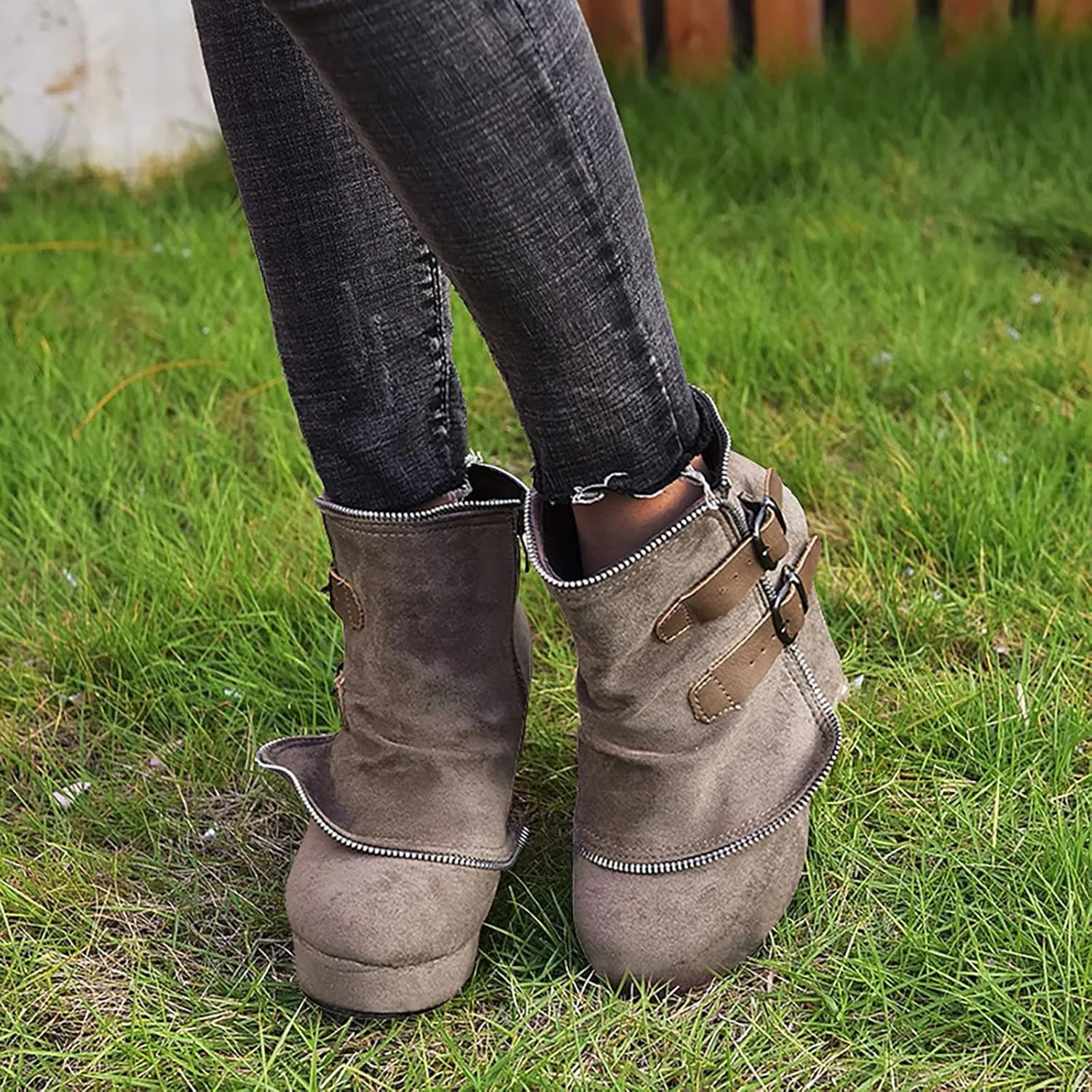 Mid Calf Boots for Women Low Hee Winter Boots Round Toe Solid Color Suede Slope Heel Retro Buckle Waterproof Boots