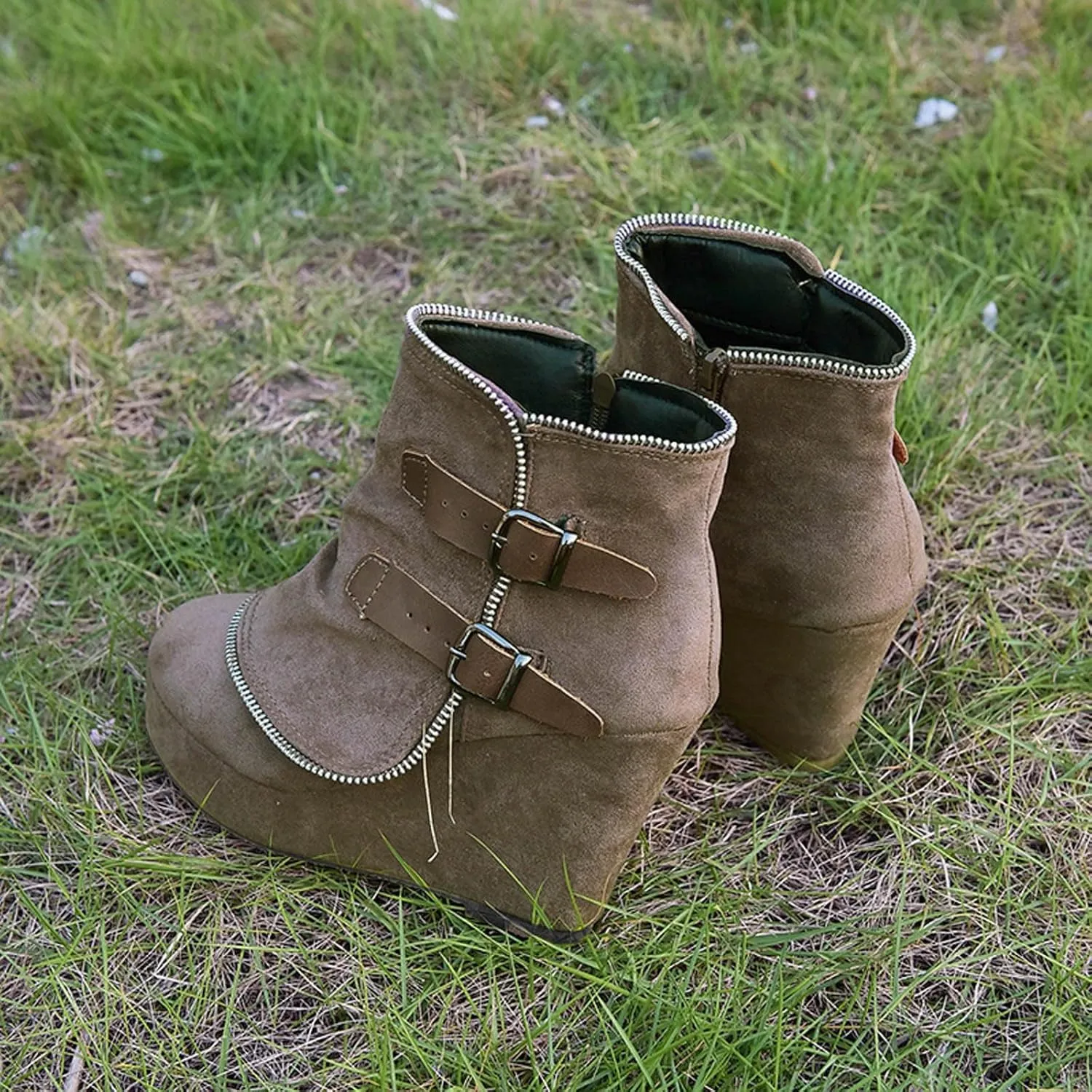 Mid Calf Boots for Women Low Hee Winter Boots Round Toe Solid Color Suede Slope Heel Retro Buckle Waterproof Boots