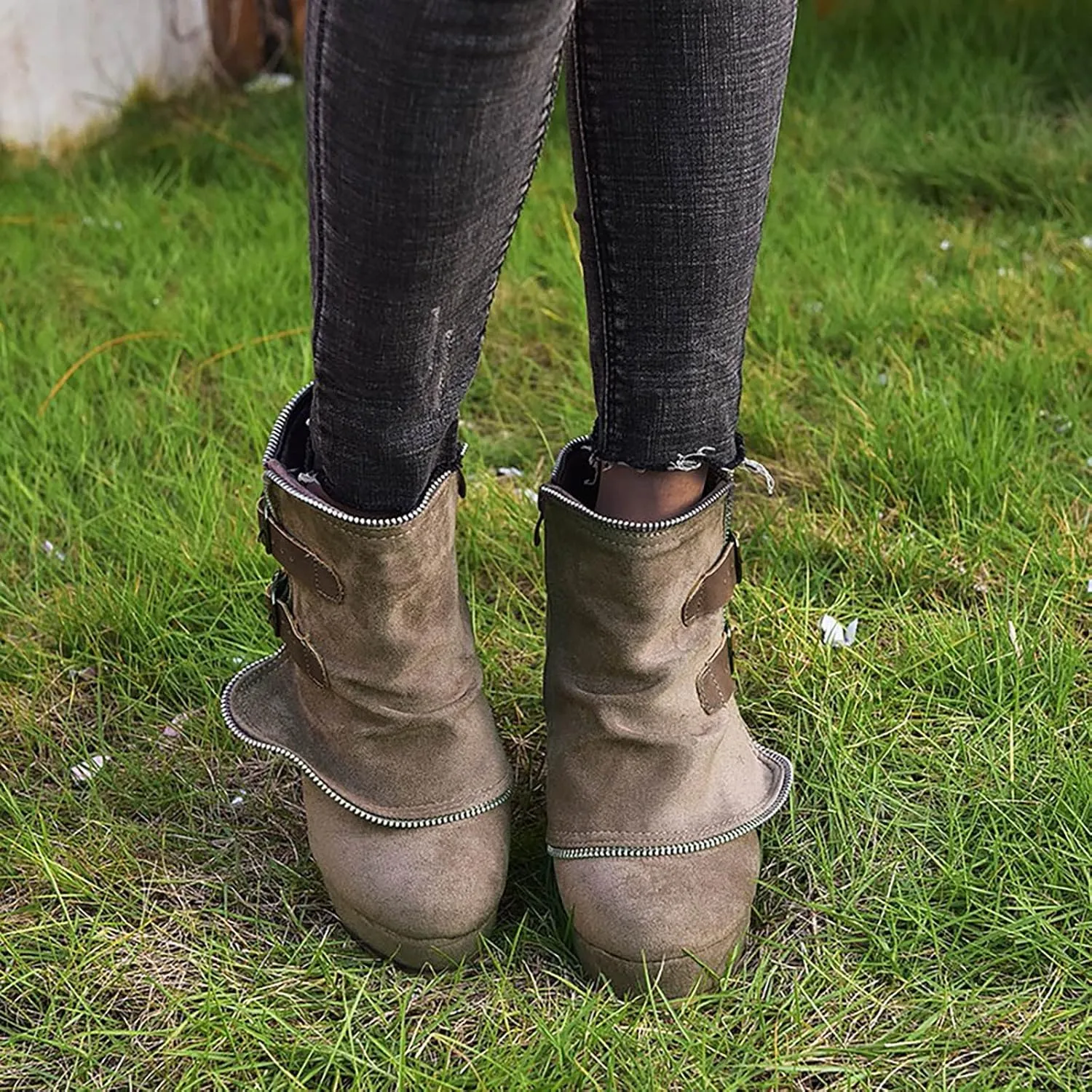 Mid Calf Boots for Women Low Hee Winter Boots Round Toe Solid Color Suede Slope Heel Retro Buckle Waterproof Boots