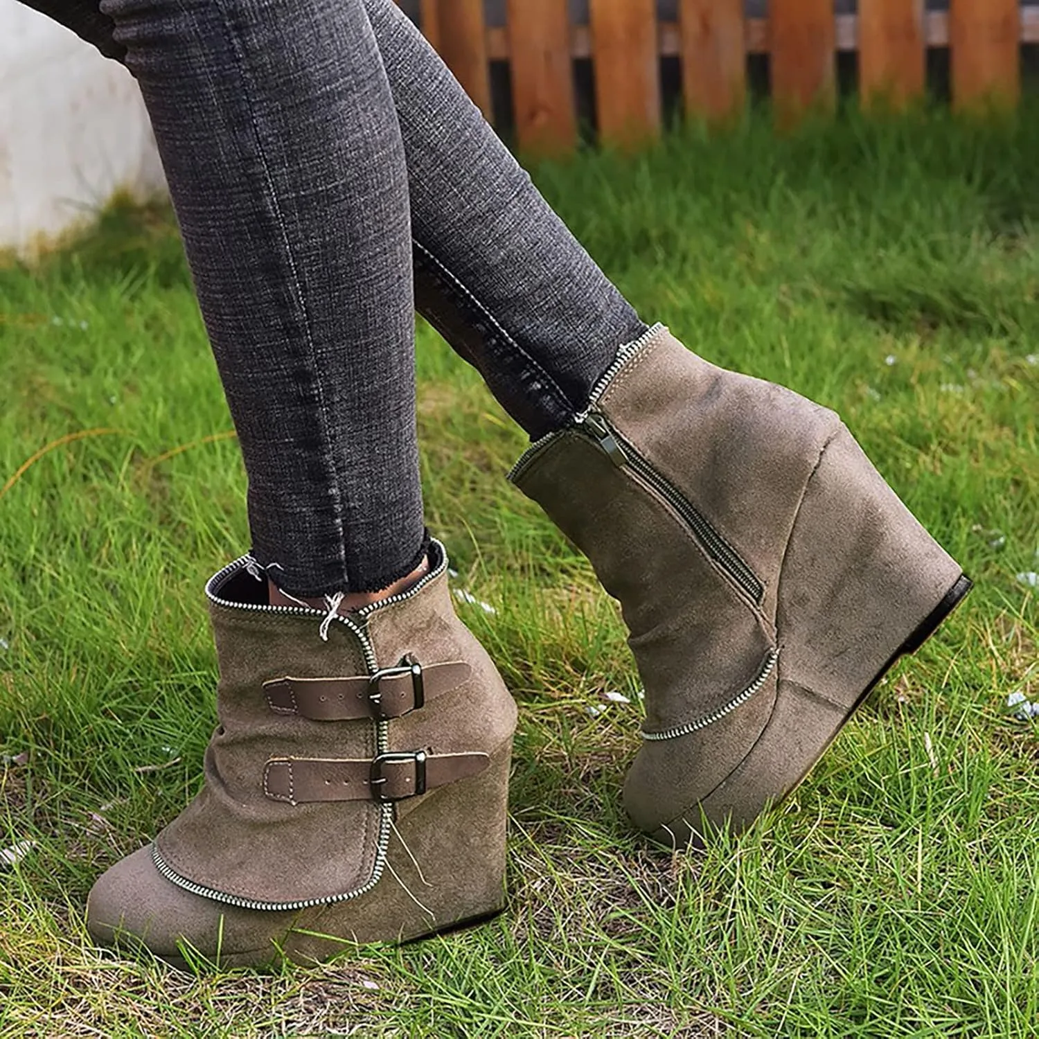 Mid Calf Boots for Women Low Hee Winter Boots Round Toe Solid Color Suede Slope Heel Retro Buckle Waterproof Boots