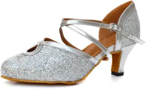 Misu Women's Closed Toe Suede Sole Latin Salsa Tango Practice Ballroom Dance Shoes with 2.2" Heel,Silver Glitter,7 B(M) US