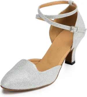 Misu Women's Closed Toe Suede Sole Latin Salsa Tango Practice Ballroom Dance Shoes with 2.7" Heel,Silver Glitter,5.5 B(M) US