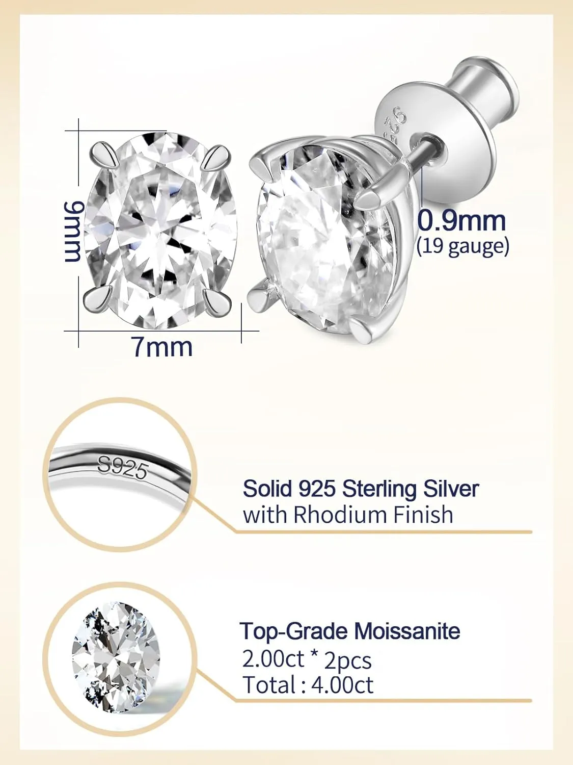 Moissanite Sparkle Stud Earrings for Women, 2-4 Carat, Oval Cut/Pear Cut/Radiant Cut, Solid 925 Sterling Silver Hypoallergenic, Birthday Valentines Anniversary Mother's Day Ideal Gift for Her