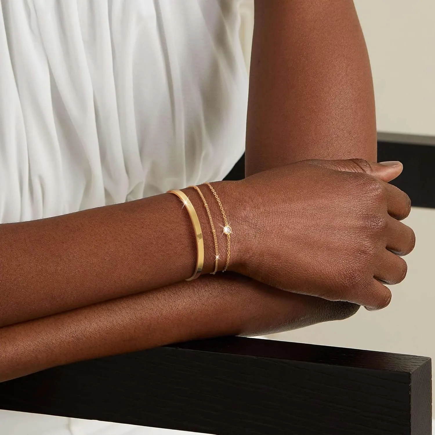 Moodear Dainty 14K Gold Stack Bracelet for Women - Trendy Bangle Cuff Figaro Satellite CZ Link Chain Bracelets Adjustable Waterproof
