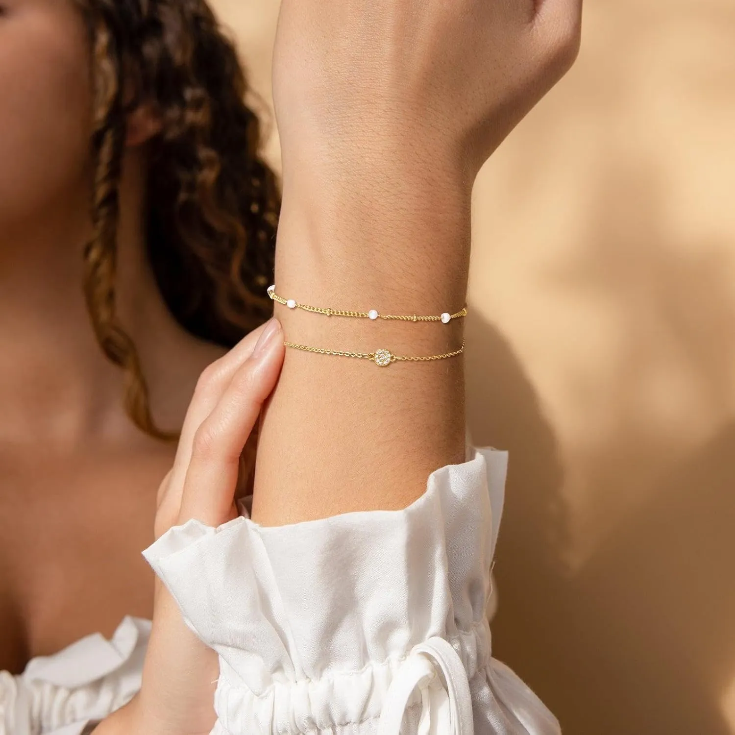 Moodear Dainty 14K Gold Stack Bracelet for Women - Trendy Bangle Cuff Figaro Satellite CZ Link Chain Bracelets Adjustable Waterproof