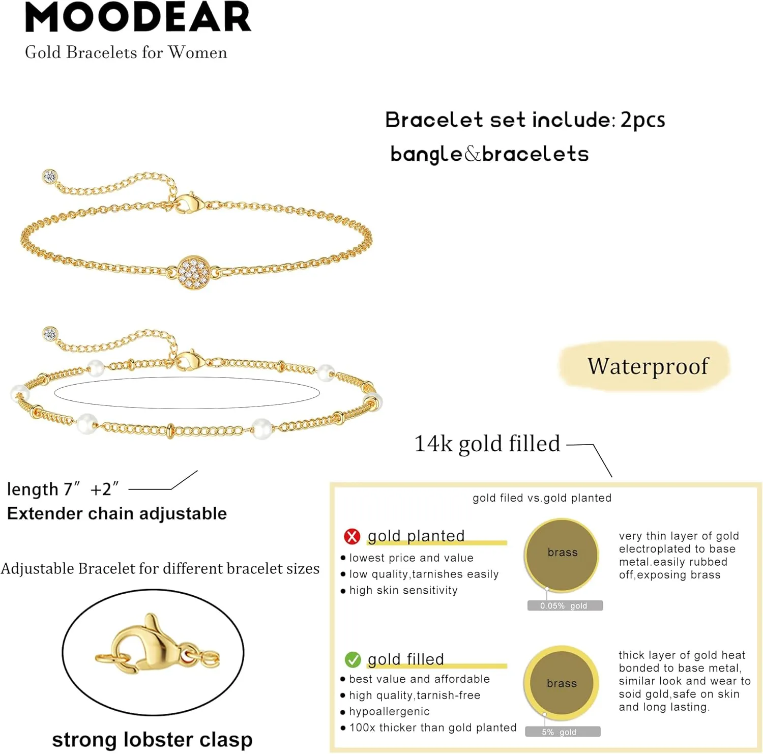 Moodear Dainty 14K Gold Stack Bracelet for Women - Trendy Bangle Cuff Figaro Satellite CZ Link Chain Bracelets Adjustable Waterproof