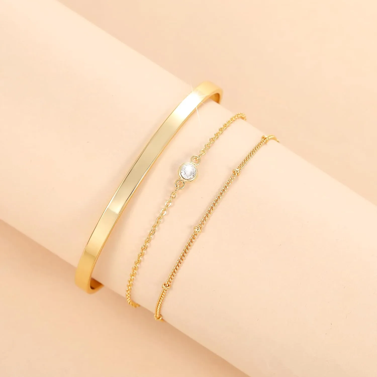 Moodear Dainty 14K Gold Stack Bracelet for Women - Trendy Bangle Cuff Figaro Satellite CZ Link Chain Bracelets Adjustable Waterproof