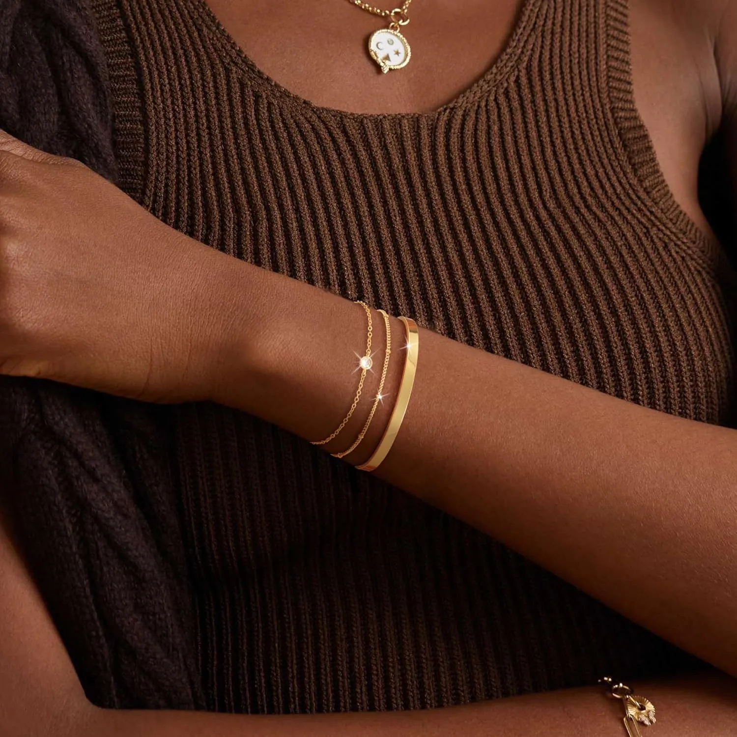Moodear Dainty 14K Gold Stack Bracelet for Women - Trendy Bangle Cuff Figaro Satellite CZ Link Chain Bracelets Adjustable Waterproof