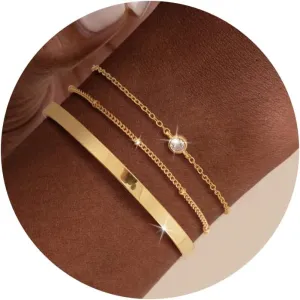 Moodear Dainty 14K Gold Stack Bracelet for Women - Trendy Bangle Cuff Figaro Satellite CZ Link Chain Bracelets Adjustable Waterproof