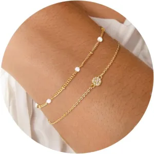 Moodear Dainty 14K Gold Stack Bracelet for Women - Trendy Bangle Cuff Figaro Satellite CZ Link Chain Bracelets Adjustable Waterproof
