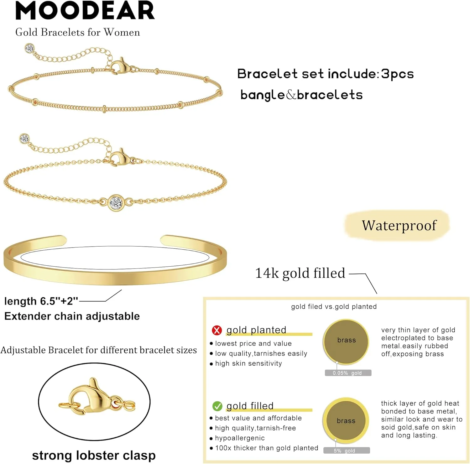 Moodear Dainty 14K Gold Stack Bracelet for Women - Trendy Bangle Cuff Figaro Satellite CZ Link Chain Bracelets Adjustable Waterproof