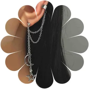 Moon Star Cuff Chain Earrings Long Chain Tassel Ear Cuff Moon Star Drop Chain Earrings Long Dangling Earrings Jewelry for Women and Girls Gifts(Gold)