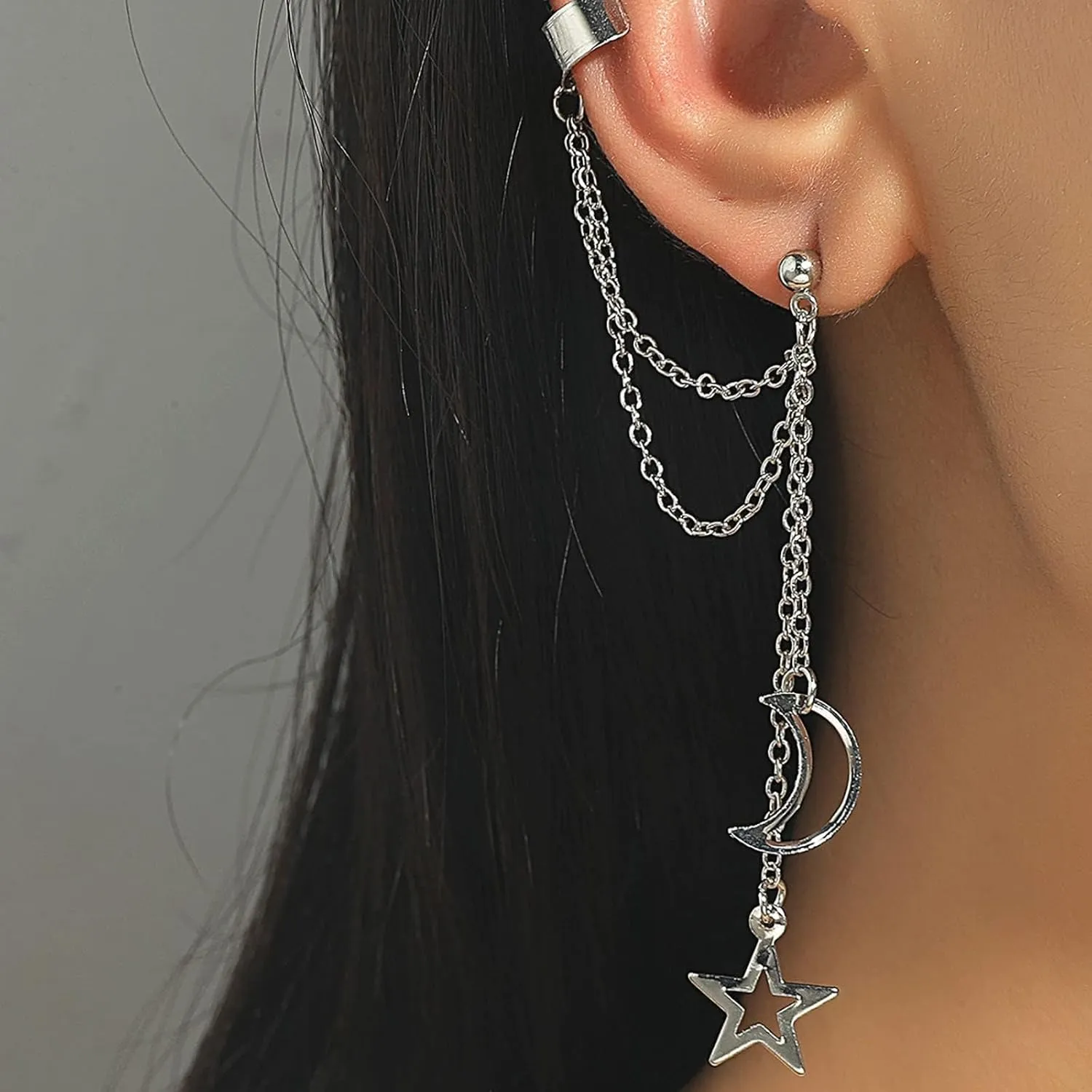 Moon Star Cuff Chain Earrings Long Chain Tassel Ear Cuff Moon Star Drop Chain Earrings Long Dangling Earrings Jewelry for Women and Girls Gifts(Gold)