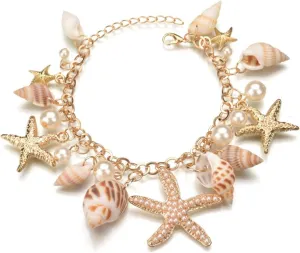 Multilayer Shell Starfish Conch Bracelets for Women,Boho Rice Beaded Bracelets Adjustable Charm Pearl Seashell Bracelets Ocean Beach Jewelry Gifts