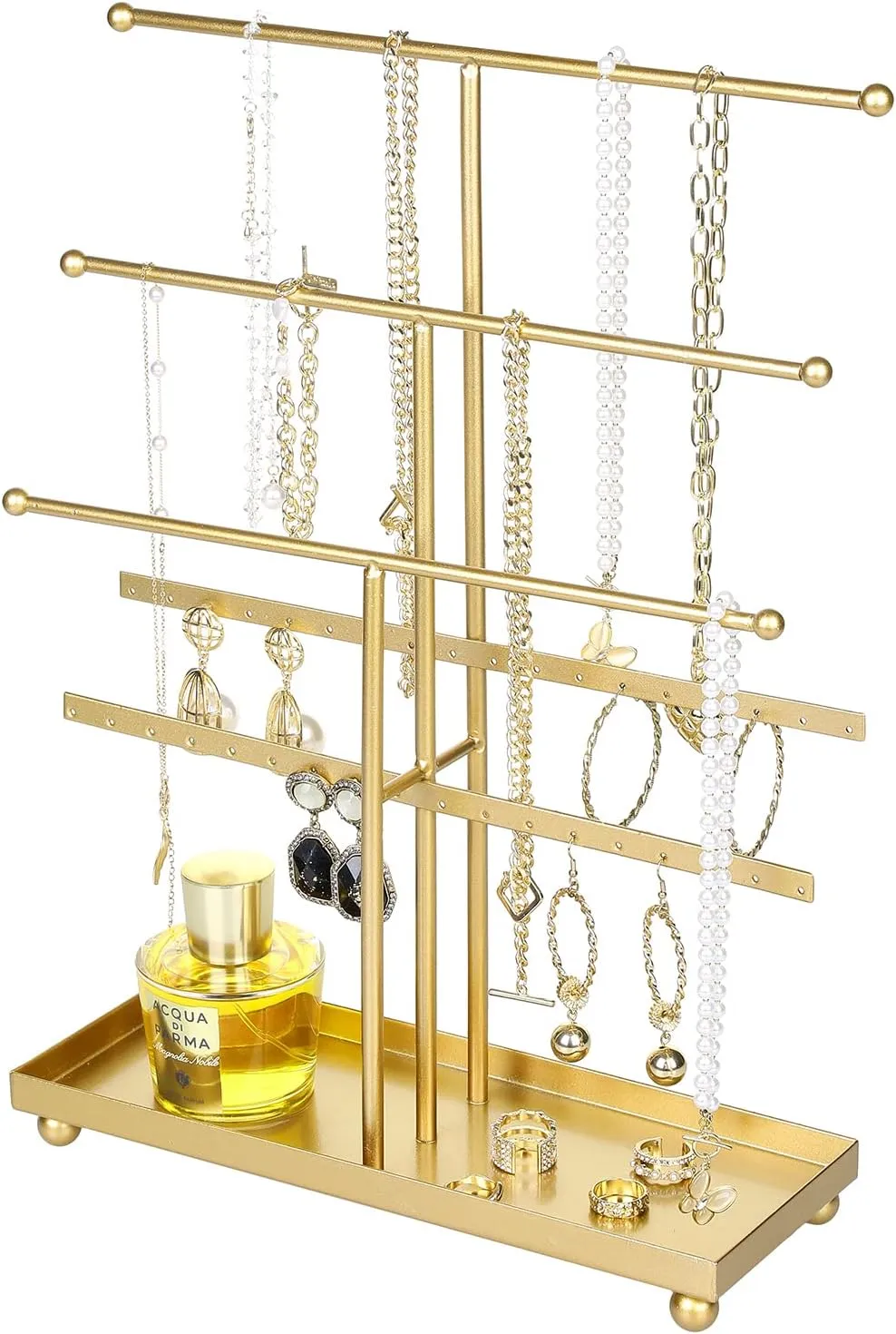 MyGift 5-Tier Gold Tabletop Metal Jewelry Necklace, Bracelet, Earring, Organizer with Ring Tray