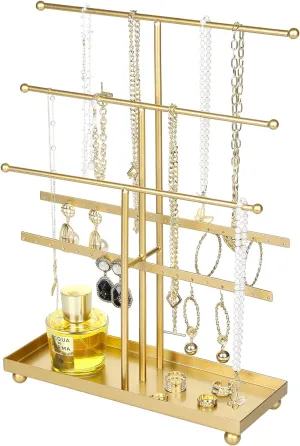 MyGift 5-Tier Gold Tabletop Metal Jewelry Necklace, Bracelet, Earring, Organizer with Ring Tray