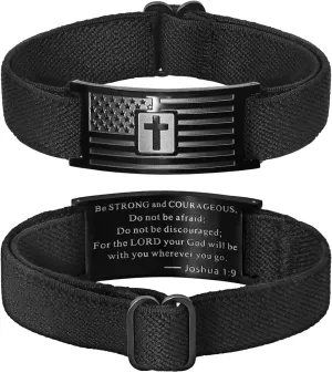 Nanafast Adjustable American Flag Cross Bible Verse Bracelet for Men Cross Christian Bracelets for Dad Husband Son Stainless Steel Elastic Wristband with Velvet Pouch