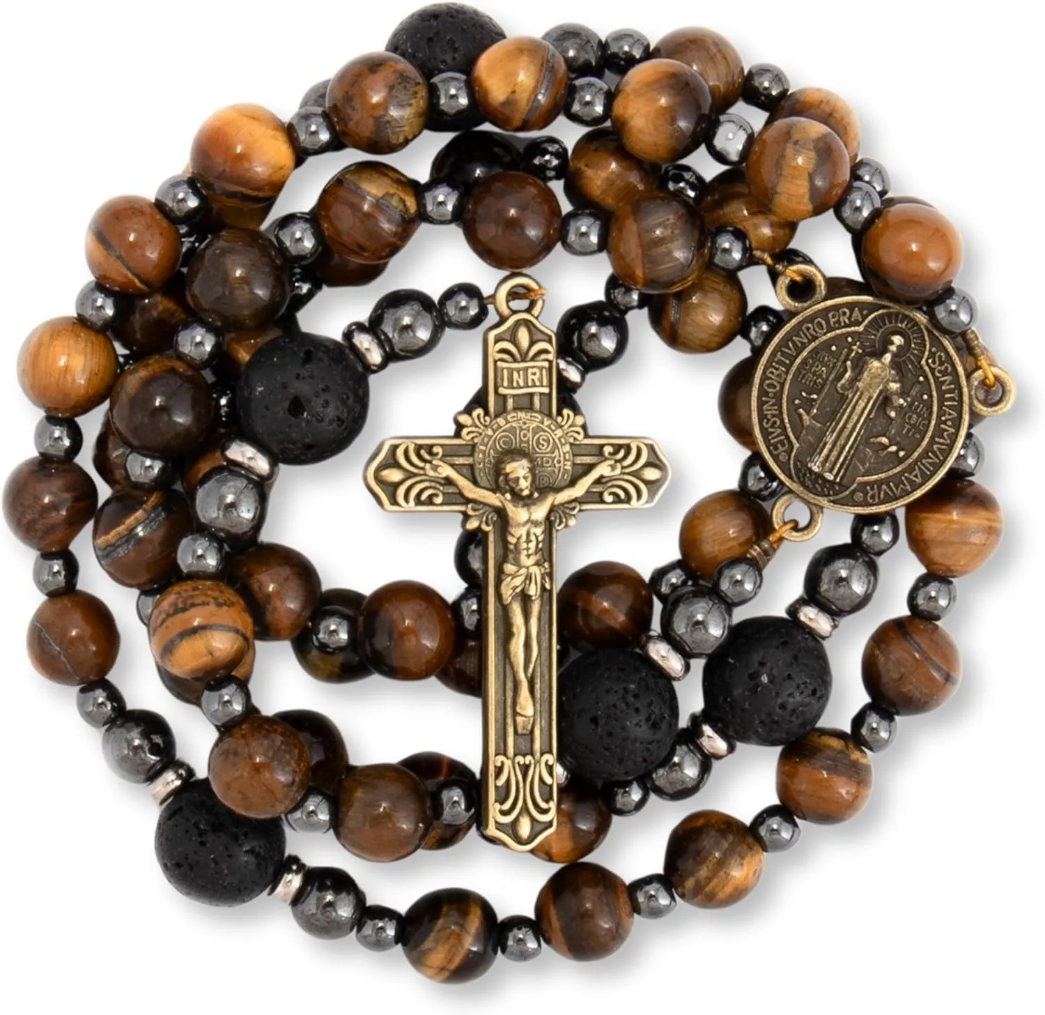 Nazareth Store Rosary Beads for Men, Catholic Rosary Necklace, Tiger Eye Beads Strong Rosary Cross Necklace in Portable Gift Box
