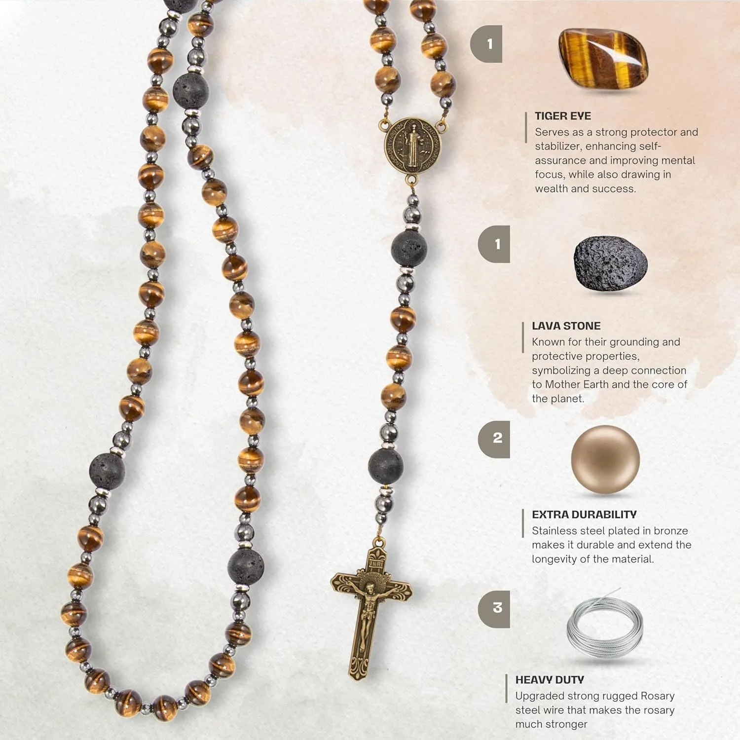 Nazareth Store Rosary Beads for Men, Catholic Rosary Necklace, Tiger Eye Beads Strong Rosary Cross Necklace in Portable Gift Box