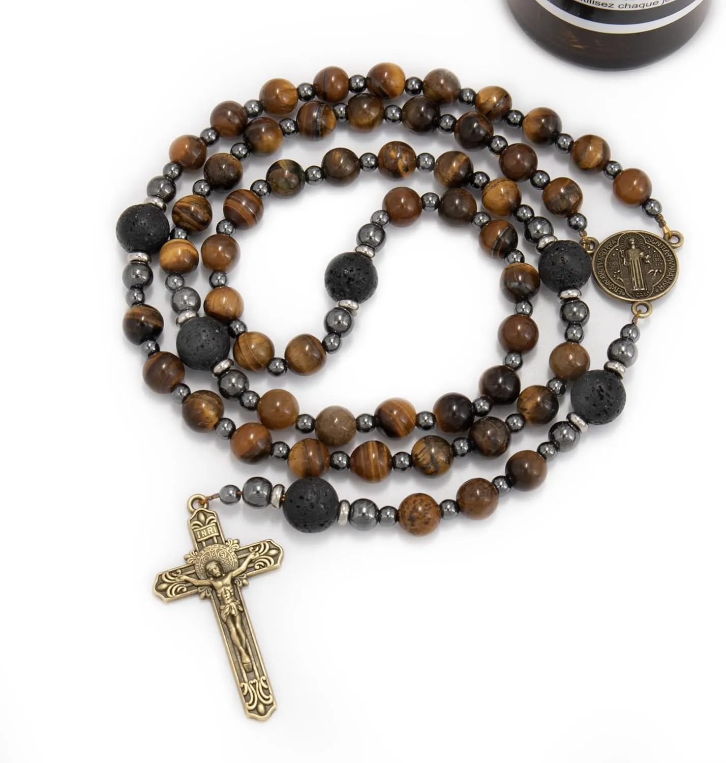 Nazareth Store Rosary Beads for Men, Catholic Rosary Necklace, Tiger Eye Beads Strong Rosary Cross Necklace in Portable Gift Box