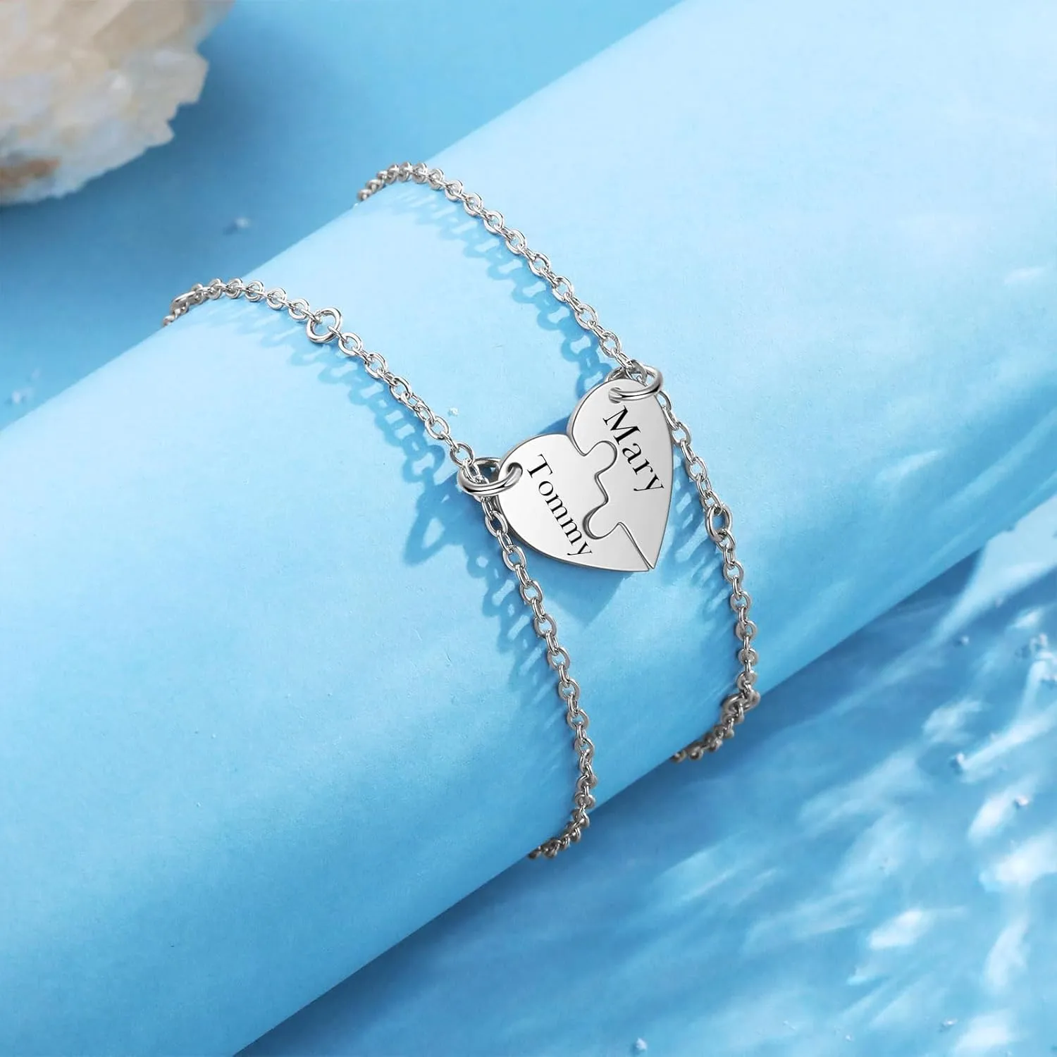Nobelook Personalized Heart Puzzle Chain Bracelets - Three Friendship Bracelets Matching Bracelets Bracelet Gift Set for Women