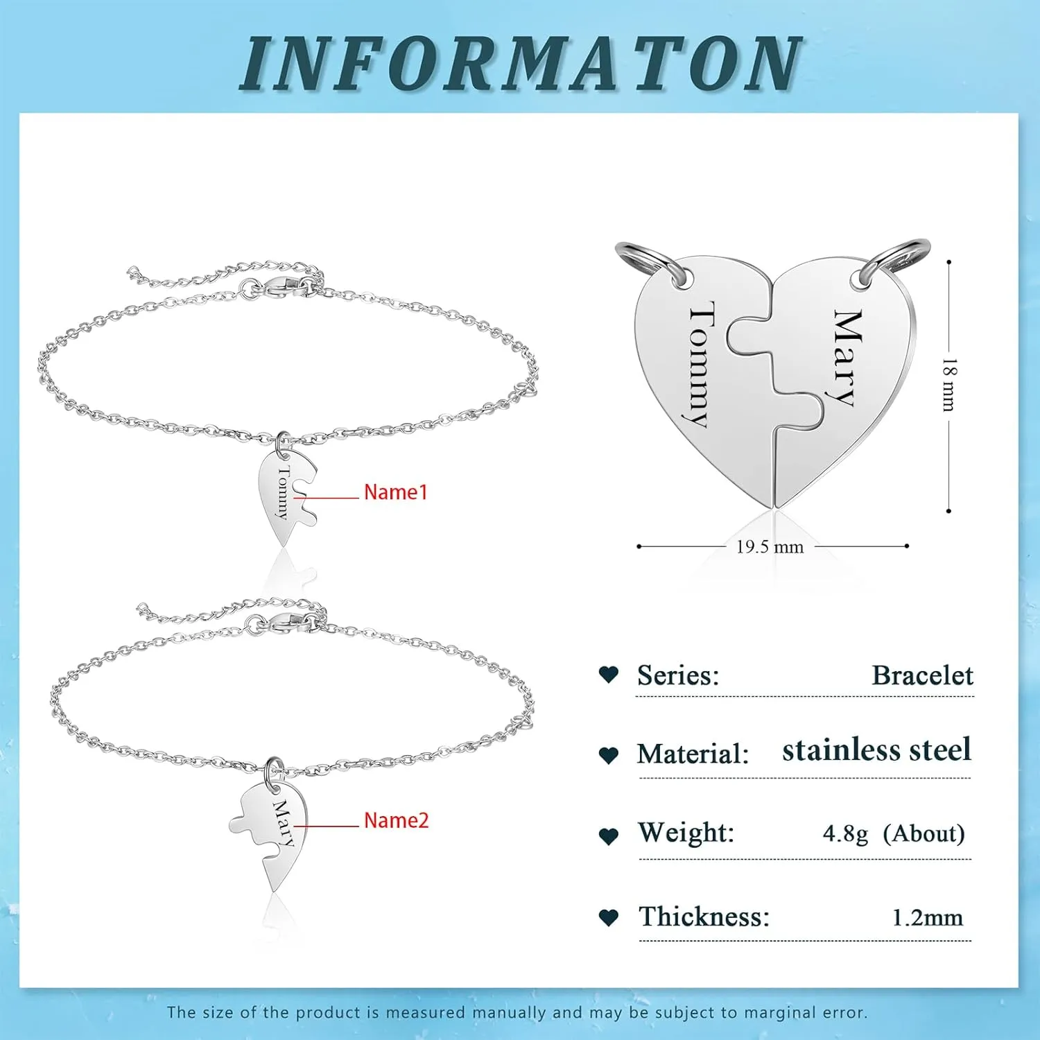 Nobelook Personalized Heart Puzzle Chain Bracelets - Three Friendship Bracelets Matching Bracelets Bracelet Gift Set for Women