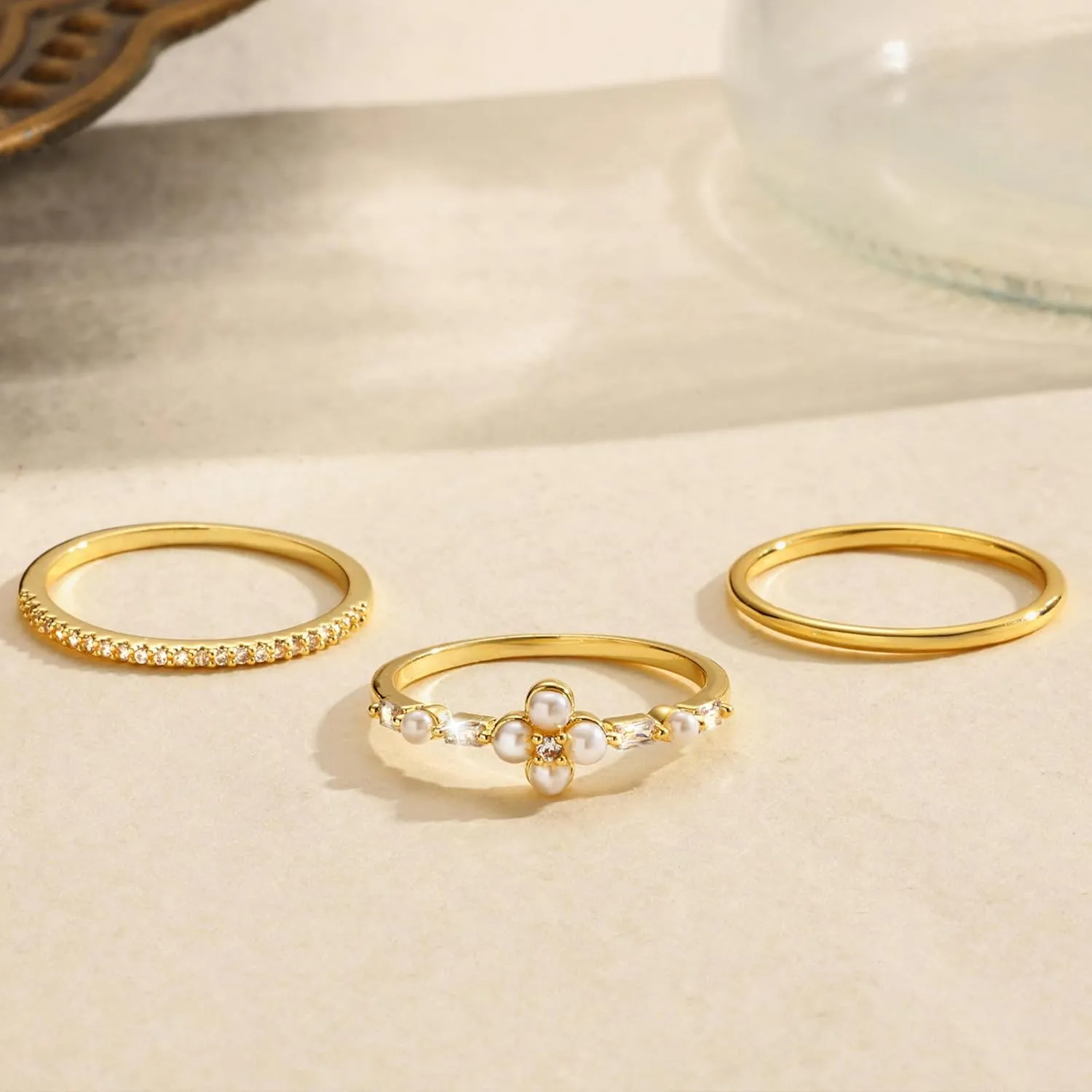 Non Tarnish Gold Ring Set: 3PCS Dainty Stackable Rings for Women Hypoallergenic 14K Gold Plated Thin Thumb Pinky Rings Wedding Bands for Women Cute Jewelry Trendy Size 6/7/8/9/10