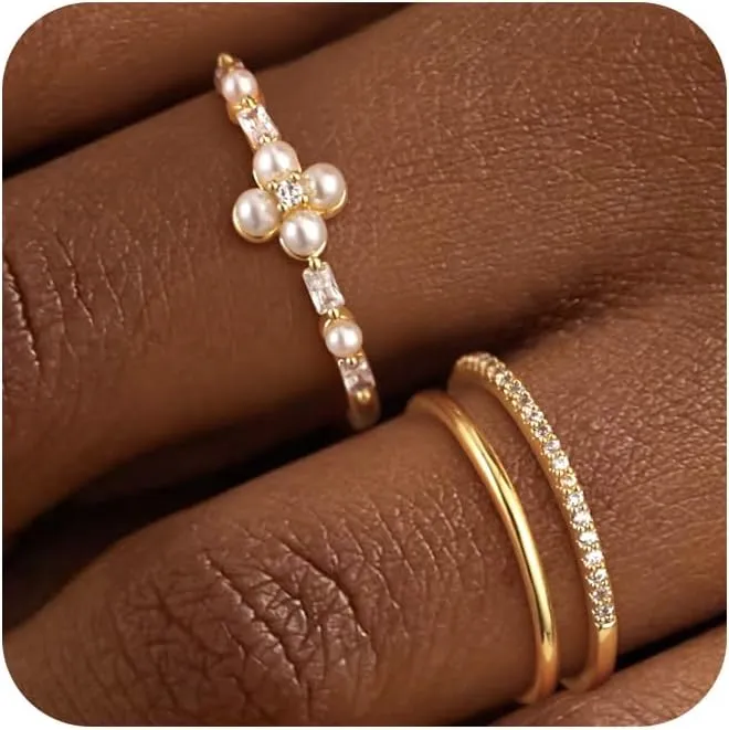 Non Tarnish Gold Ring Set: 3PCS Dainty Stackable Rings for Women Hypoallergenic 14K Gold Plated Thin Thumb Pinky Rings Wedding Bands for Women Cute Jewelry Trendy Size 6/7/8/9/10