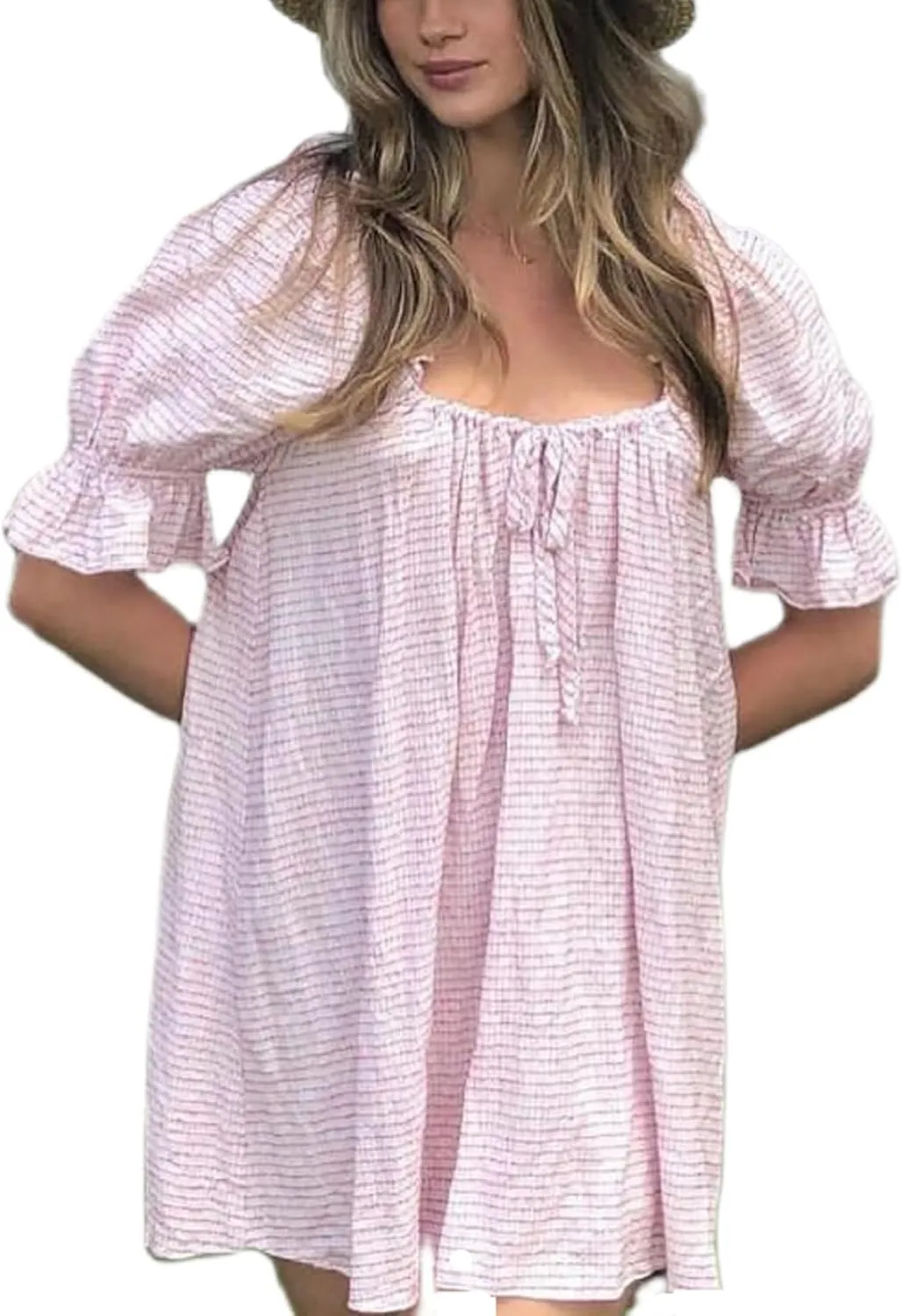 NUFIWI Y2k Cute Babydoll Mini Dress for Women Short Puff Sleeve Ruffle Bow Tie Short Dress Fairy Loose Floral Sundress