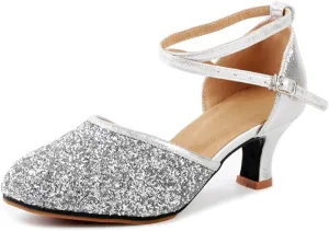 OCHENTA Women's Kitten Heel Sequined Leather Pointed Toe Latin Ballroom Dance Shoes Rubber Silver Tag 40 - US 8.5