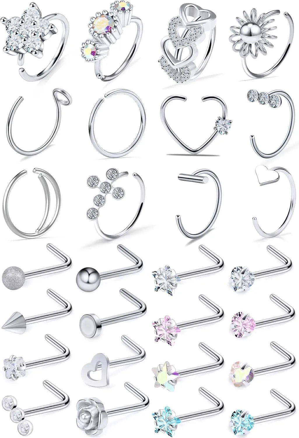 Ocptiy 18G 20G Nose Rings Studs Nose Hoops 316L Surgical Steel Hypoallergenic Silver Nose Piercings Straight Screw L Shaped Nostril Nose Rings Piercing Jewelry for Women Men 20Pcs-28Pcs