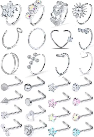 Ocptiy 18G 20G Nose Rings Studs Nose Hoops 316L Surgical Steel Hypoallergenic Silver Nose Piercings Straight Screw L Shaped Nostril Nose Rings Piercing Jewelry for Women Men 20Pcs-28Pcs